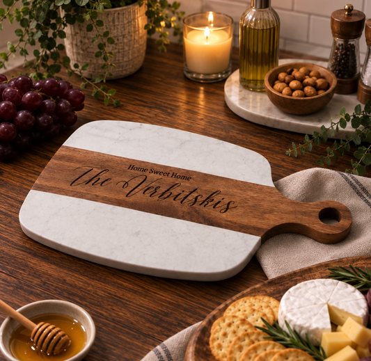 Personalized Engraved Marble & Acacia Wood Cutting Board