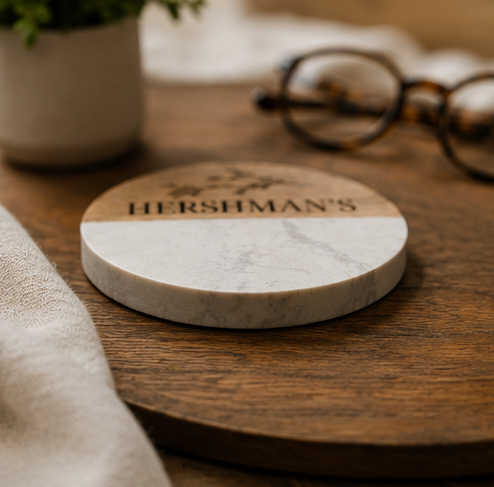 Personalized Engraved Marble & Acacia Wood Coaster Set