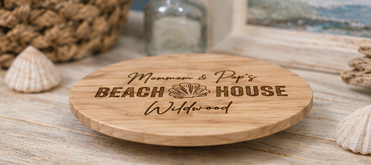 A round natural wood coaster engraved with 'Mom & Pop's BEACH HOUSE Wildwood' and a seashell graphic, displayed on a rustic wooden surface with seashells and a woven basket in the background.