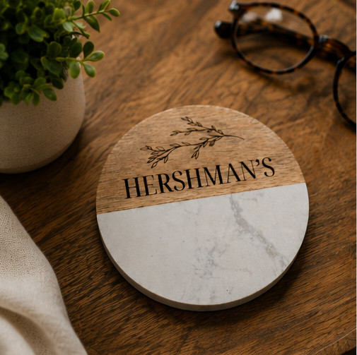 Personalized Engraved Marble & Acacia Wood Coaster Set