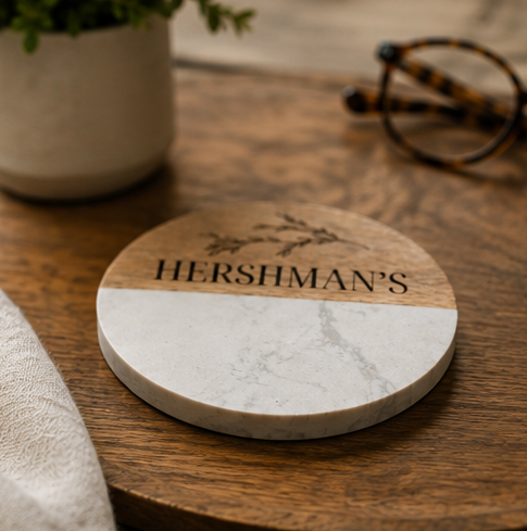 Personalized Engraved Marble & Acacia Wood Coaster Set