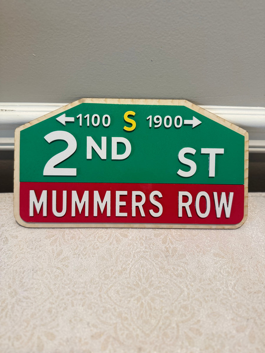 Street sign for 2nd St, Mummer's Row with directional arrows on a plain background