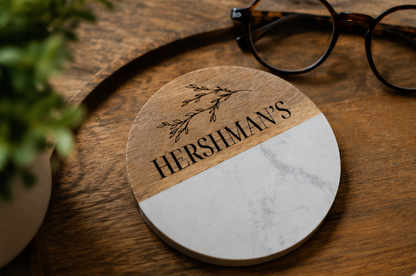 Personalized Engraved Marble & Acacia Wood Coaster Set